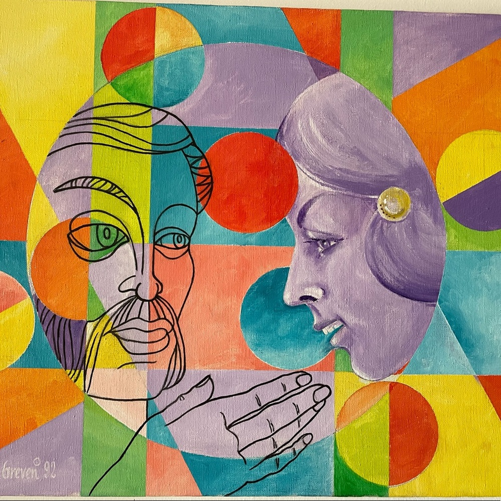 Vintage MCM pop art painting “Conversation”